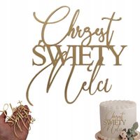 Topper złoty DEKOR na bok tortu Chrzest Święty z imieniem IMIĘ złote lustro