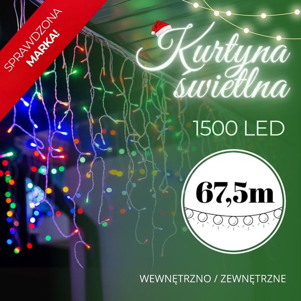 Kurtyna świetlna 1500 led girlanda, lampki wewnętrzno-zewnętrzne 67,5m sople multikolor zdjęcie 2