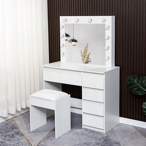 TOALETKA KOSMETYCZNA BIAŁA Reha M z OŚWIETLENIEM Z LUSTREM LED TABORETEM na Arena.pl