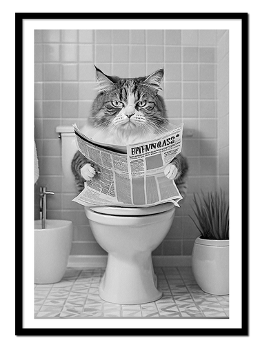 OBRAZ PLAKAT W RAMIE do Łazienki WC Toalety KOT NA KIBLU gazeta P2624_43x53 na Arena.pl