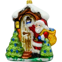 Bombka choinkowa szklana: Święty Mikołaj z choinką przed domkiem