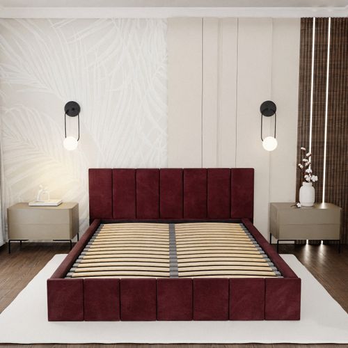 ŁÓŻKO TAPICEROWANE DO SYPIALNI 140x200 ŁÓŻKO PREMIUM Z POJEMNIKIEM BORDOWE na Arena.pl
