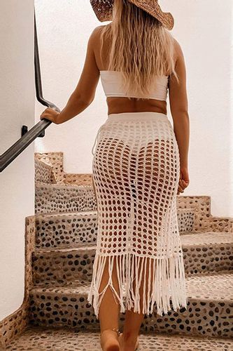 BIAŁA AŻUROWA MIDI SPÓDNICA PLAŻOWA BOHO PLAŻA LATO STYLOWA FRĘDZLE PROSTA na Arena.pl