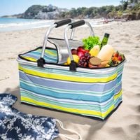 Kosz Piknikowy Termiczny Na Zakupy Duży 30 Litrów Składany Niebieskie Paski