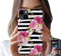 ETUI DO IPHONE 15 PLUS - KWIATKI W CZARNO - BIAŁE PASKI WZORY