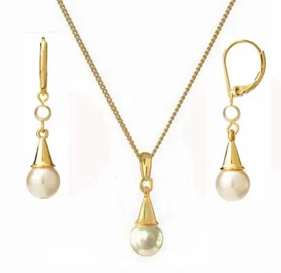 ZŁOTY KOMPLET BIŻUTERII Z PEREŁĄ KOLCZYKI WISZĄCE PERŁY NASZYJNIK ZAWIESZKA zdjęcie 2
