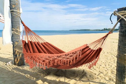 DUŻY DWUOSOBOWY MOCNY HAMAK OGRODOWY BOHO MAKRAMA MIDAS 150x200 XXL KARMEL na Arena.pl