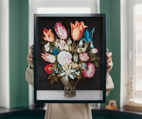 Plakat kwiaty wazon czarne tło 50x70 cm w czarnej ramie na Arena.pl