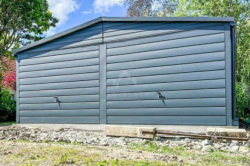 Garaż Blaszany 6x5,8m 2x Brama Uchylna Drzwi Rynny Blachodachówka NB195 na Arena.pl