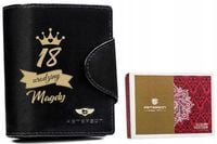 Portfel skórzany czarny damski prezent NA URODZINY OSIEMNASTKĘ z GRAWEREM