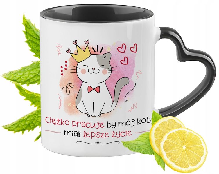 Kot Kotek Kotki Kubek Czarny Z Uszkiem W Kształcie Serca Na Prezent zdjęcie 1