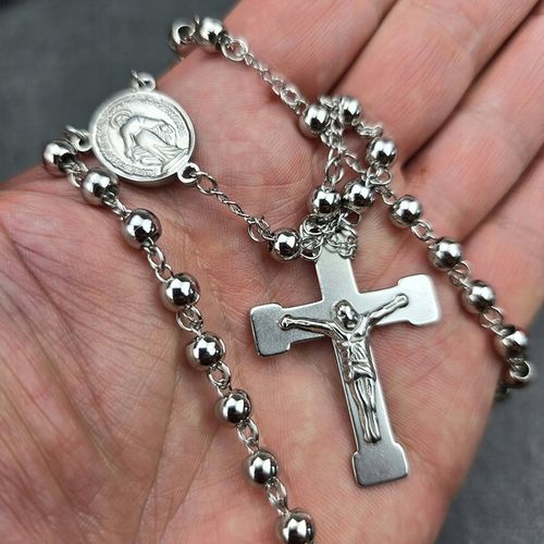 Srebrny Naszyjnik Różaniec z Krzyżem Stal Męski Łańcuszek na Arena.pl