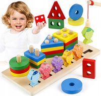 V4 ŁOWIENIE RYBEK SORTER DREWNIANY UKŁADANKA FIGURY 4 WIEŻE WĘDKA RYBKI 2w1