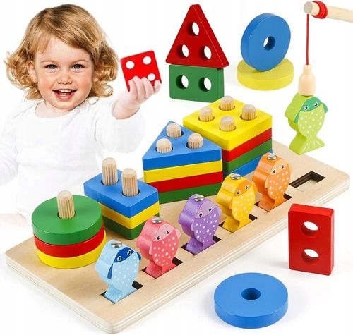 V4 ŁOWIENIE RYBEK SORTER DREWNIANY UKŁADANKA FIGURY 4 WIEŻE WĘDKA RYBKI 2w1 na Arena.pl