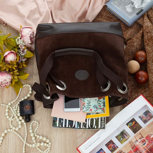 VERA PELLE torebka zamszowa shopper z parcianymi rączkami V707 c.brązowa na Arena.pl