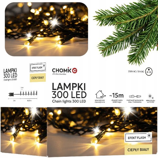 LAMPKI CHOINKOWE 300 LED ZEW/WEW 18M CIEPŁY BIAŁY EFEKT FLASH zdjęcie 1