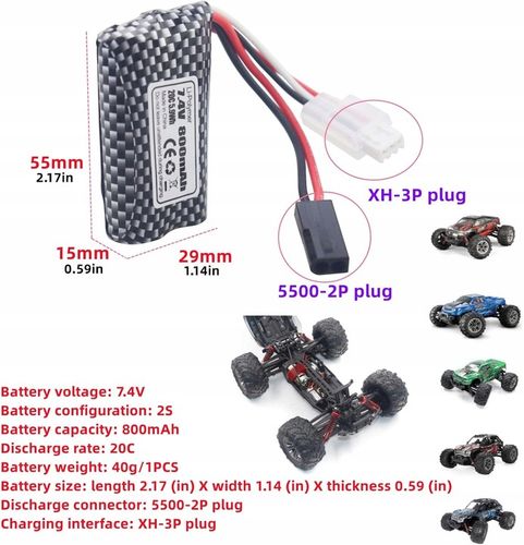 Zestaw 2 baterii 7,4 V 800 mAh Kompatybilne samochody RC 9130, 9135, 9136 na Arena.pl