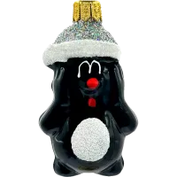 Bombka choinkowa szklana: Krecik w czapce Świętego Mikołaja: srebrny