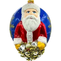 Święty Mikołaj na niebieskiej bombce z zimowymi zdobieniami