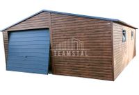 GARAŻ BLASZANY 6m x 6m dwuspad - Brama uchylna - ciemny orzech - dodatkowe drzwi - 2x okno TS244 6x6
