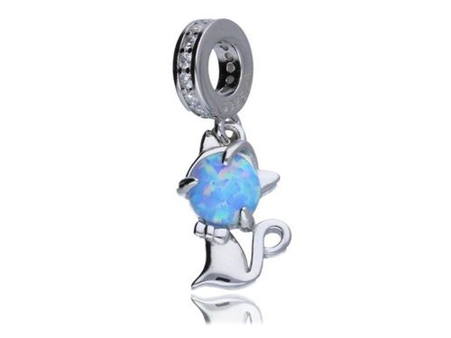 Rodowany srebrny charms do pandora wiszący kotek kot cat mruczek opal cyrkonie srebro 925 AP13388 na Arena.pl
