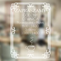 Naklejka ZAPRASZAMY godziny otwarcia na witrynę drzwi szybę KAWIARNIA 47x25