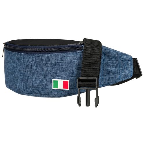 niebieska saszetka zawieszona na regulowanym pasku, zapinana suwakiem na Arena.pl