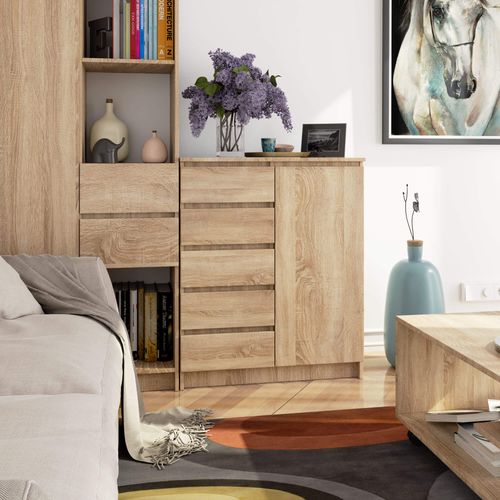 Komoda 80 cm pojemna 1 drzwi 5 szuflad 3 półki - dąb sonoma na Arena.pl