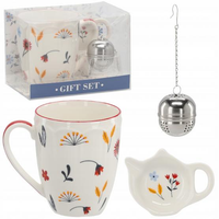 kpl. kubek porcelanowy 350ml + porcelanowa podstawka + zaparzacz  kwiaty