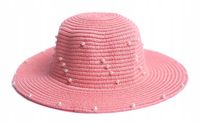 Kapelusz Słomkowy Plażowy dla Dziewczynki na Lato z Perełkami i Gumką 52