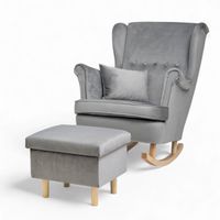 Jasny szary Fotel Bujany Uszak + Podnóżek ze schowkiem + Poduszka