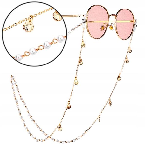 Modny Łańcuszek Perełki Do Okularów Złote Muszelki zdjęcie 2