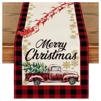 lniany bieżnik na stół bożonarodzeniowy, czerwona krata i auto z choinką