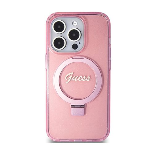 Guess Ring Stand Script Glitter MagSafe - Etui iPhone 15 Pro (różowy) na Arena.pl