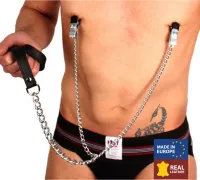 red leather klipsy z łańcuszkiem do ciała, skora naturalna,