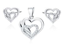 RODOWANY SREBRNY KOMPLET POTRÓJNE SERCA SERDUSZKA BIAŁE CYRKONIE SREBRO