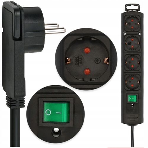 Przedłużacz z PŁASKĄ wtyczką Listwa zasilająca 4 GNIAZDA czarny 2m na Arena.pl