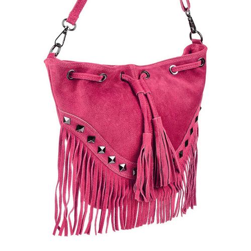 VERA PELLE torebka zamszowa listonoszka boho z ćwiekami V418 fuksja na Arena.pl