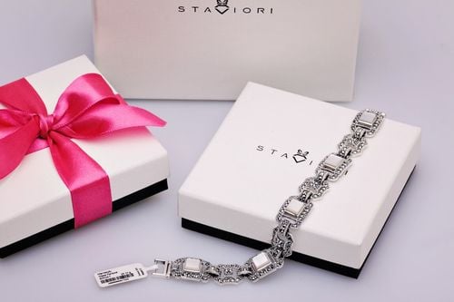 srebrna bransoletka z markazytami i masą perłową - bdm2866 na Arena.pl