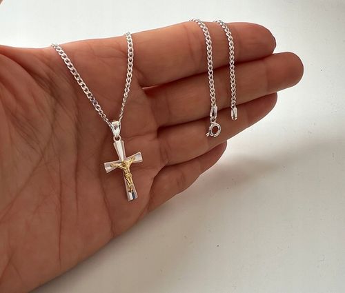 Srebrny łańcuszek i krzyżyk zestaw komunijny 45 cm srebro pozłacany prezent na Arena.pl