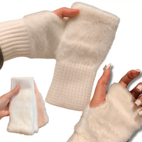 PLUSZOWE RĘKAWICZKI BEZ PALCÓW DAMSKIE MITENKI Z FUTERKIEM ZIMOWE BIAŁE