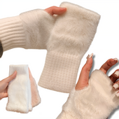 PLUSZOWE RĘKAWICZKI BEZ PALCÓW DAMSKIE MITENKI Z FUTERKIEM ZIMOWE BIAŁE