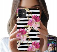 ETUI DO IPHONE 12 - KWIATKI W CZARNO - BIAŁE PASKI WZORY