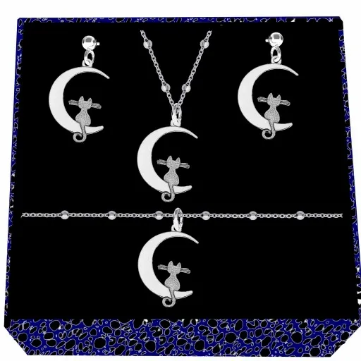 Kot kotek na księżycu srebrny komplet biżuterii kulkowy srebro 925 zdjęcie 1
