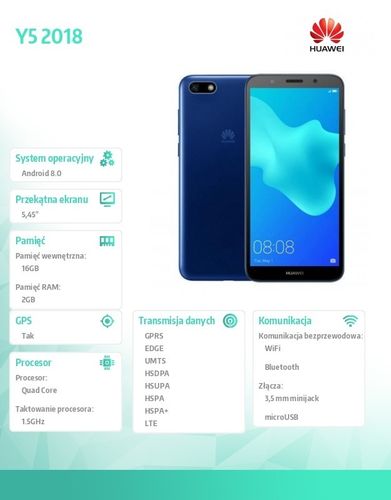 Huawei Smartfon Y5 2018 Dual SIM Niebieski na Arena.pl