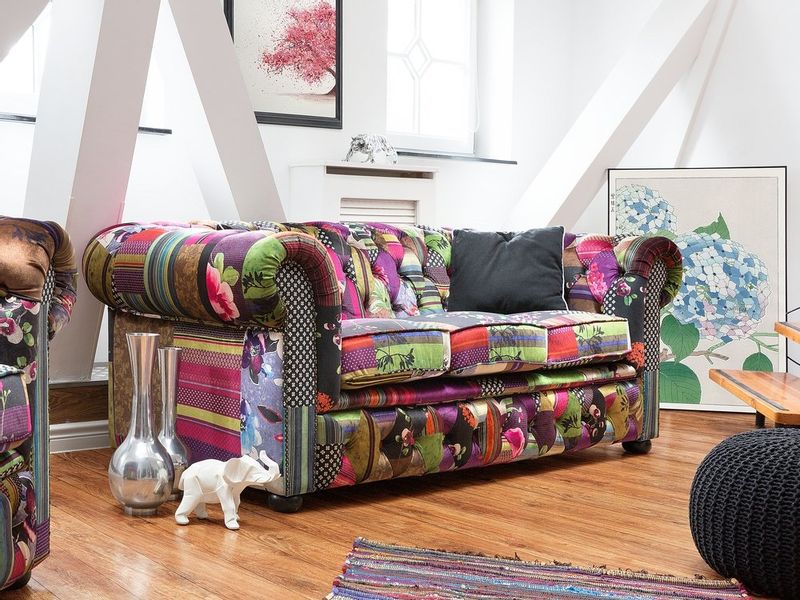 Sofa 3-osobowa patchworkowa fioletowa CHESTERFIELD zdjęcie 2