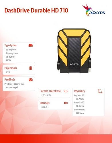 Adata DashDrive Durable HD710 2TB 2.5'' USB3.1 Żółty na Arena.pl