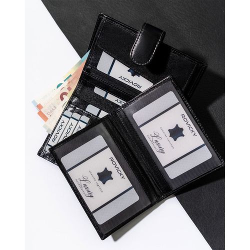 skórzany, czarny portfel męski z zapięciem i systemem rfid - rovicky na Arena.pl