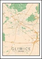 Gliwice, Polska mapa kolorowa - plakat 70x100 cm