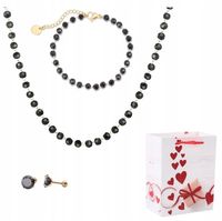 Komplet Damski Łańcuszki Żółte Złoto Koraliki Czarne Stal Chirurgiczna 316L